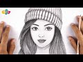 رسم بنات سهل جدا للمبتدئين بالرصاص تعلم كيفية رسم فتاة ترتدي قبعة شتوية خطوة بخطوة تعليم الرسم 