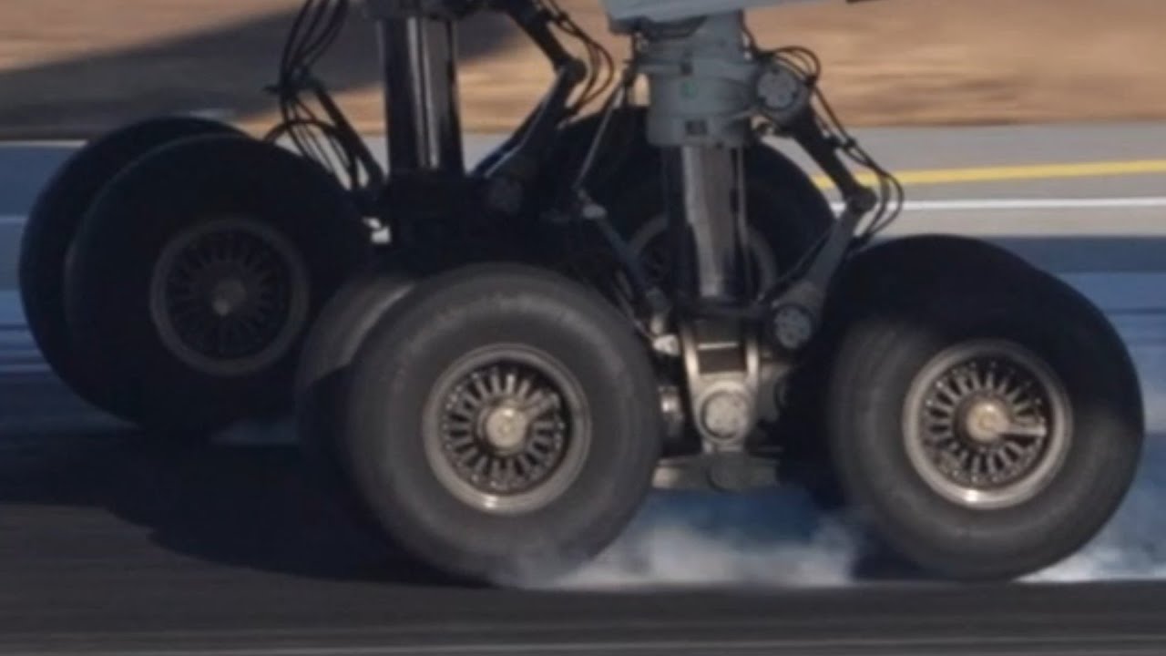 Finnair A350 Under carriage Landing Gear close-up burning rubber Slow Motion