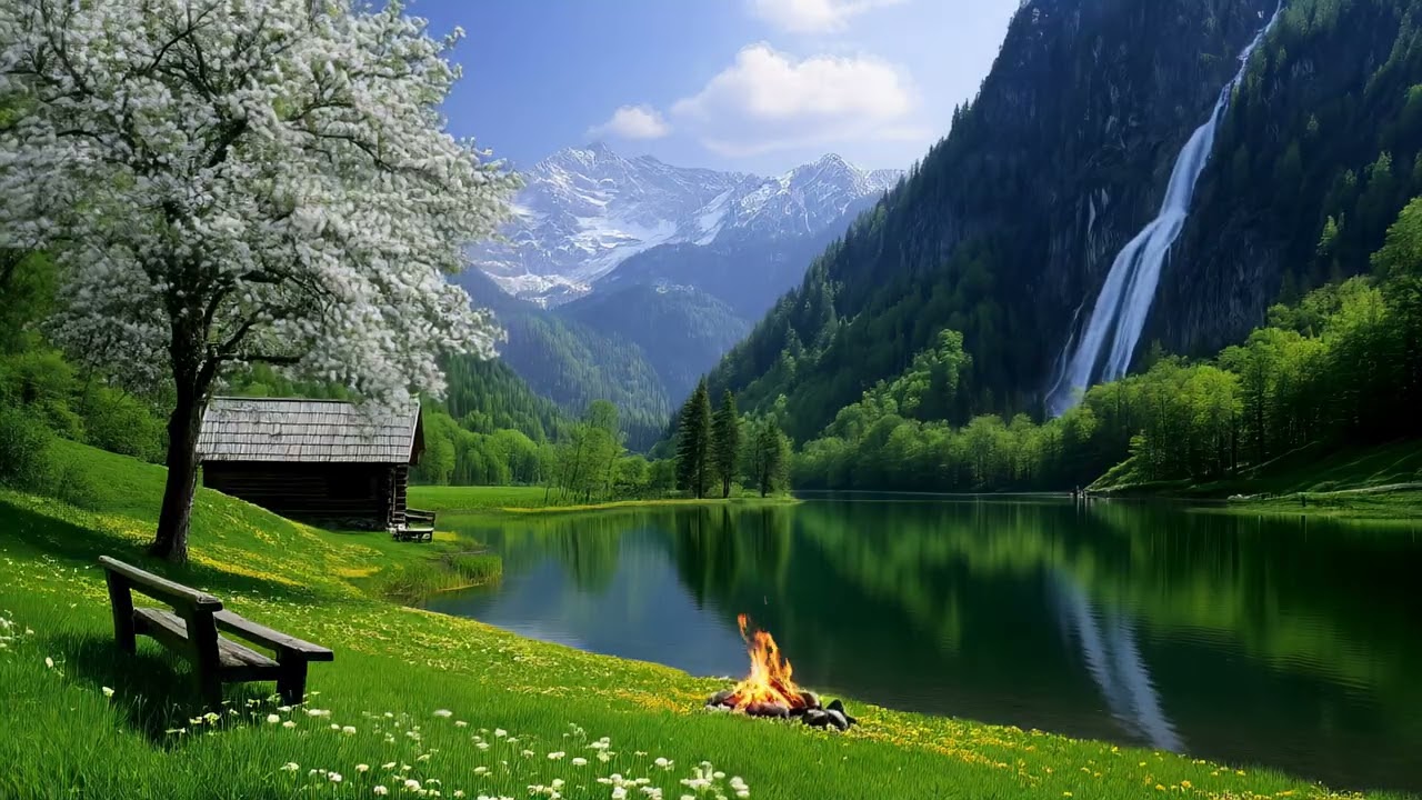 Peaceful Alpine Lake & Waterfall 🌿 Relaxing Nature Scenery for Stress Relief | Quiet Ambience 4K