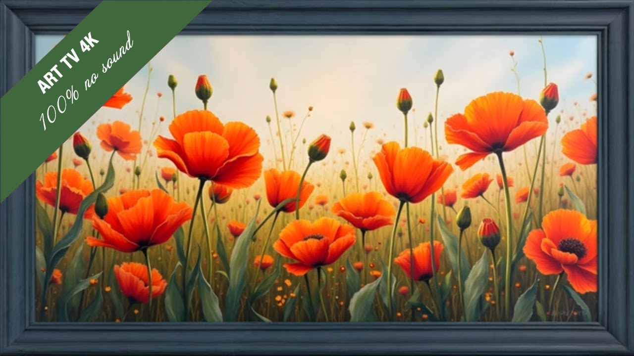 12-Hour 4K Poppy Flowers Painting | Wood Framed TV Art Screensaver | No Sound