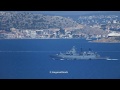 NATO SNMG2 flagship FGS Brandenburg maneuvering at Chios Strait in Aegean Sea.