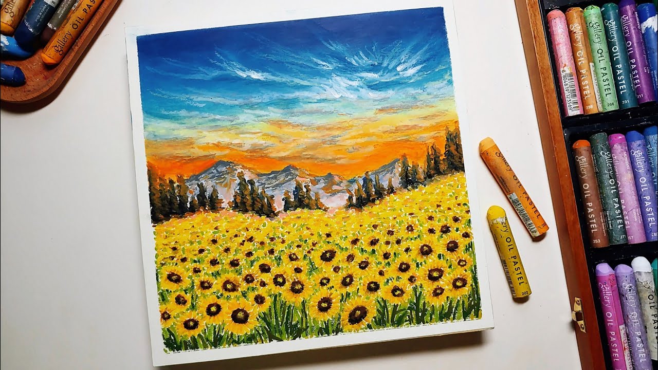 Premium Vector  Beautiful sunflower field during the day with trees  detailed hand drawn painting illustration