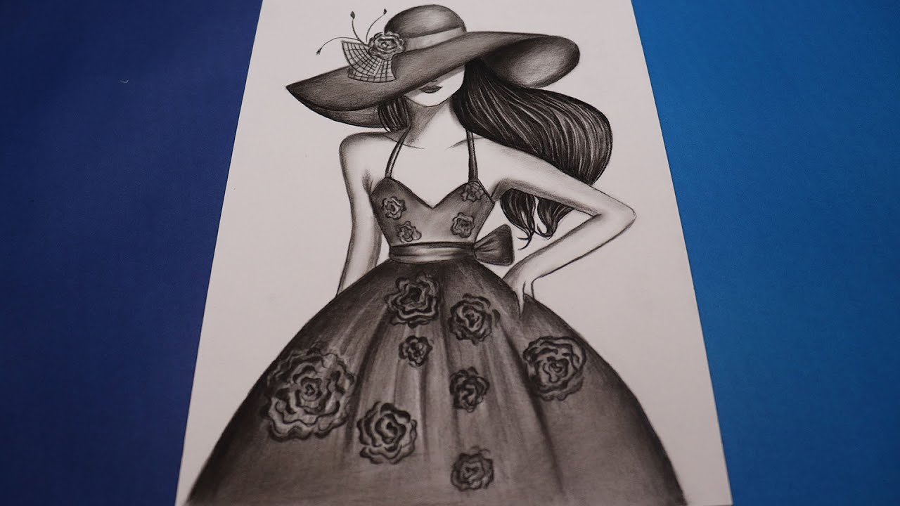 How to draw a girl with a beautiful dress and hat