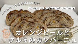 SUB)酒粕酵母のオレンジピールとクルミのカンパーニュ/酸味の全く無い自家製天然酵母パン/イーストレシピもあり/捏ねない高加水パン/オレンジの爽やかな香りとほのかな甘味、香ばしいクルミのマリアージュ