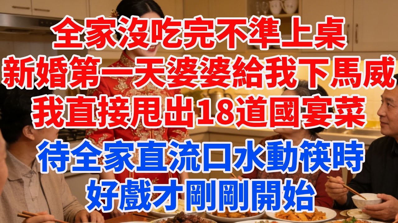 “全家沒吃完不準上桌！”新婚第一天婆婆給我下馬威，我直接甩出18道國宴菜，待全家直流口水準備動筷時，我笑了好戲才剛剛開始#完結故事#情感故事#爽文#婆媳關系#家庭生活#故事頻道#故