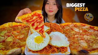 BIGGEST PIZZA😱2X SPICIEST NOODLES & OMLET | YUMMY🤤|#mukbang #food #bigbites