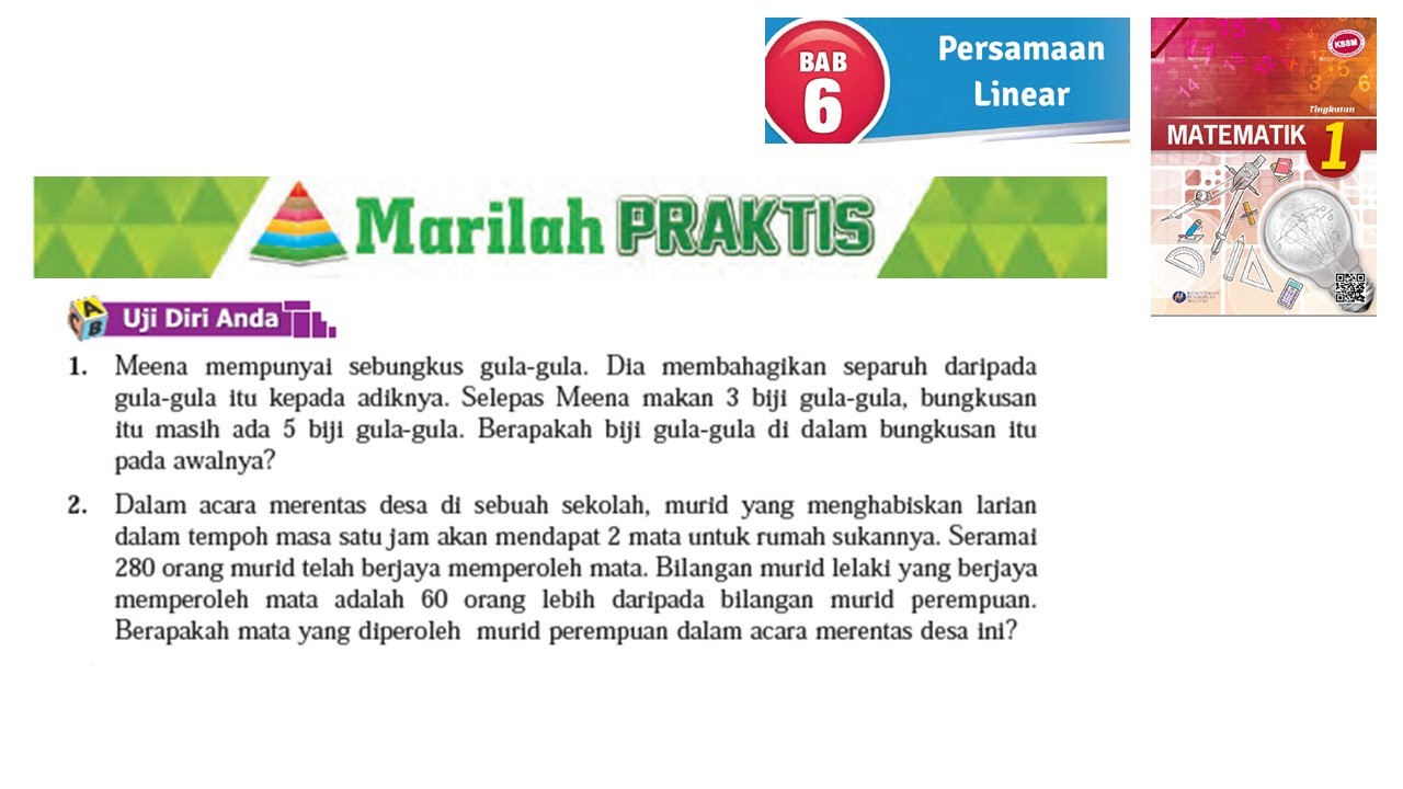 KSSM Matematik Tingkatan 1 Bab 6 persamaan linear marilah praktis no1