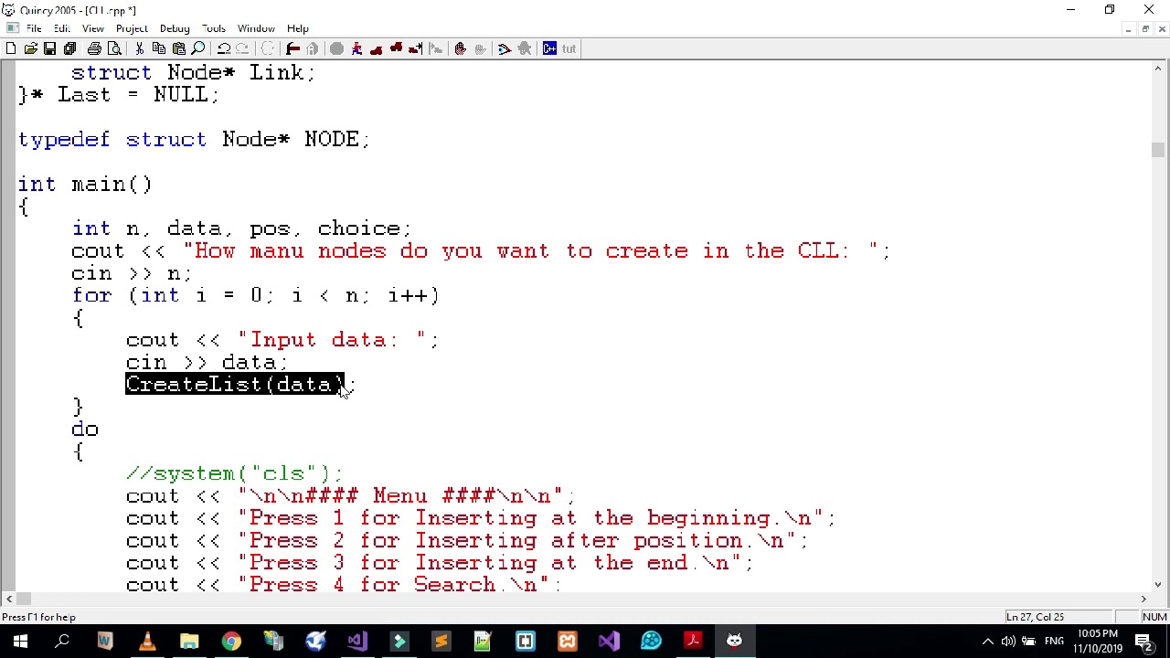 Part 01: Structure of circular singly linked list program in c++. - YouTube