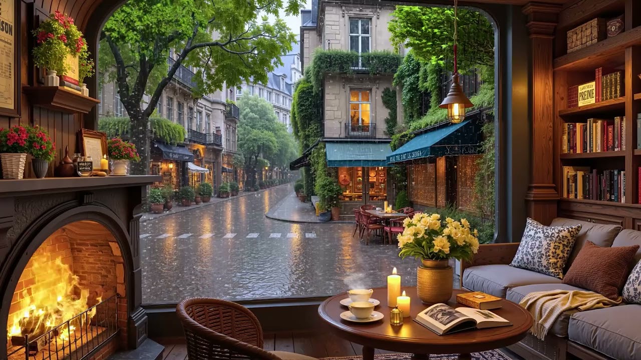 Уютная кофейня «Дождливый дождь» ☕ Нежная джазовая фортепианная музыка и звуки камина для работы и у