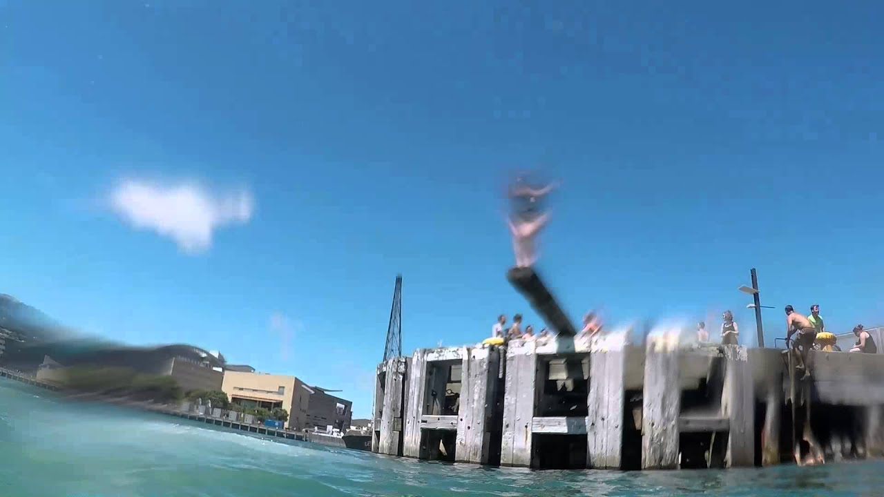 Diving off the wharf in Wellington, NZ