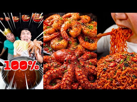 🔥🌶️ Spicy Seafood Noodles 1–100% Size Ladder 😱 (Recipes + Mukbang Reactions)