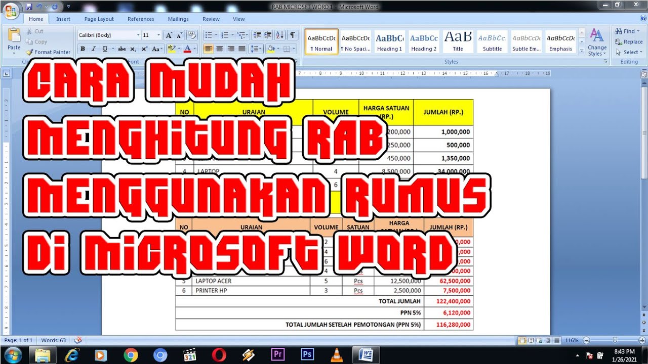 Cara Mudah Menghitung RAB Menggunakan Rumus di Microsofts Word - YouTube