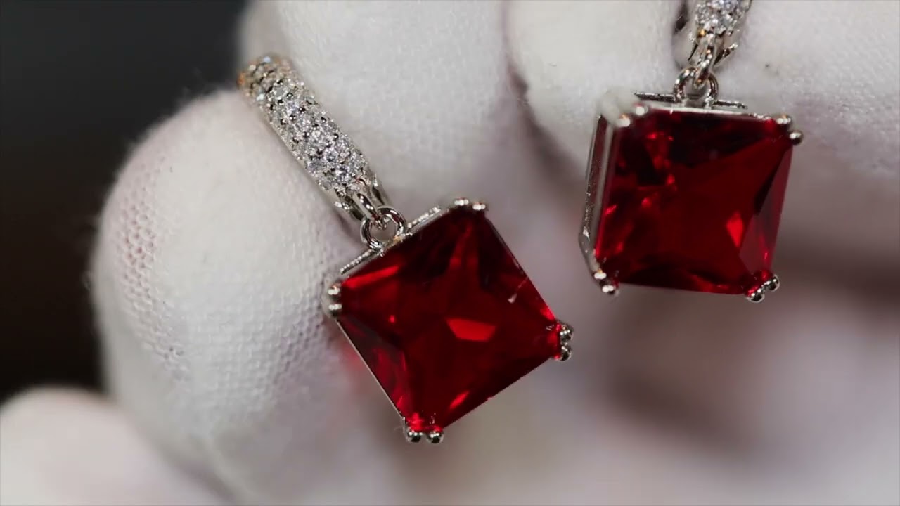 Red princess cut diamond earrings, red diamond hoop earrings, red diamond earrings