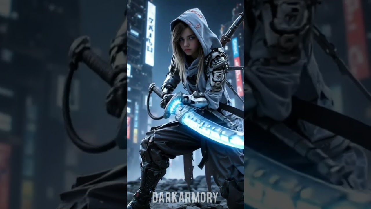 Кибер-девушка-самурай | Пробужденная футуристическая воительница в Нео-Токио | DarkArmory