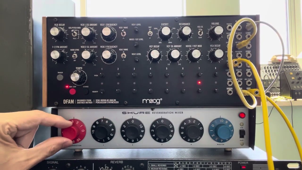 7/24/23 DEMO: Moog DFAM into Shure Reverberation Mixer (with spring reverb) into Peavey Univerb II