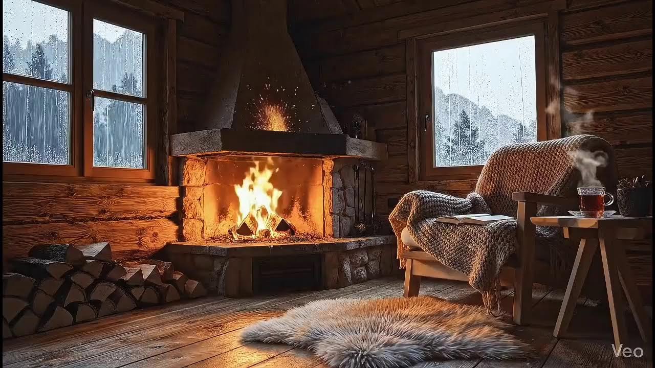 ASMR relaxation sounds of fireplace and rain