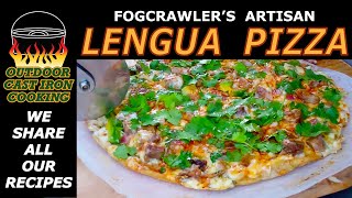 Fogcrawlers Artisan Lengua Pizza
Fogcrawlers Artisan Lengua Pizza
Ingredients
Dough:
2 ½ cups high gluten flour
1 tsp. Salt
1 tbsp. Cultured yeast
¼ cup olive oil
1 cup ice water
Semolina flour (For dusting)
Coarse corn meal (For hearth baked flavor)
Toppings:
Creamy cilantro dressing (sauce)
Mozzarella cheese (smoked if available)
Beef tongue
Fresh chopped cilantro
Red onion
Crushed garlic
Avocado
Parmesan cheese (smoked if available)
Paprika
Lime
Directions:
The day before...
The dough must be made the day before, which would also be a good time to cook the tongue, considering it will take 3-4 hours to simmer. (1 hr. per lb.)
Place the HG flour, salt and yeast in a large stainless bowl and mix well. Add half of the olive oil, (Save the rest for brushing the dough skin edges) and add the ice water. Mix with a fork until dough ball forms, then knead by hand with fist, until all ingredients blended into the dough ball. Immediately, cover and place in ice chest. (Don’t worry, sugars will form to activate the yeast)
Fill a 14” camp oven ⅔ full of water, place whole beef tongue into the oven. Add onions, peppercorns, crushed garlic, bay leaves and bring to a boil. Reduce heat and simmer 3-4 hours. Remove tongue, let it cool a few minutes and peel the skin off of the tongue, Cut tongue into ⅜” thick slices and cube. (See our Tacos de Lengua video for further details on how to prepare the tongue)
Day of making the pizza...
Dust a breadboard with Semolina flour and roll out the dough. Trim dough to the desired size and dock with a dough docker or fork. (See our Camp Oven Artisan Pizza Challenge video for finer tips getting the perfect pizza skin) Place the pizza skin into a cold 14” camp oven, using parchment paper makes this an easy task. Spread desired amount of dressing onto the pizza skin, add Mozzarella cheese, lightly spread chopped cilantro over the cheese and place pieces of cooked tongue on top. Add chopped red onion. “Stitch” the toppings together with a little bit of Mozzarella and add grated Parmesan cheese. Place lid on oven and place 2 tight rings of briquettes under the oven. Place 2 tight rings of briquettes on the lid, adding a loose ring of briquettes, forming a 3rd ring of coals on top of the lid. Bake for 18 minutes. (Hot and fast) Remove pizza from oven and sprinkle with Paprika. Place Avocado slices on top and add more Parmesan cheese. Add fresh chopped cilantro leaves. Allow cheese to set before slicing. Squeeze a lime wedge on top of slice and ENJOY!!! Fogcrawlers Artisan Lengua Pizza