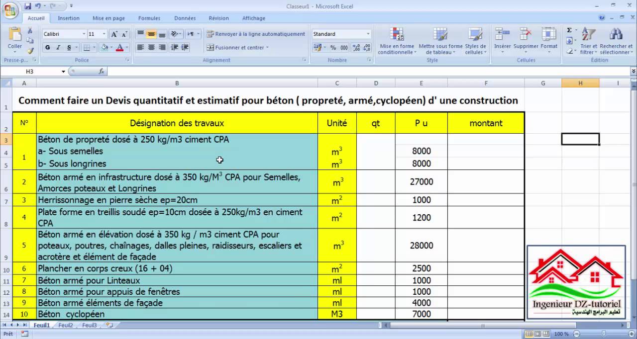 Comment faire un Devis quantitatif et estimatif pour béton (propreté, armé,cyclopéen)