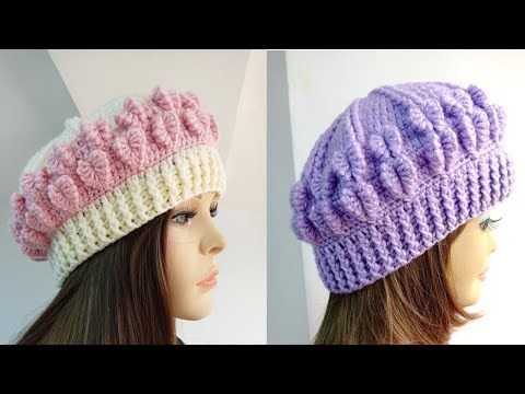 Gorro boina de lana para niña tejida a mano con botones