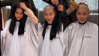 Chinese Girl enjoys to SHAVE her long hair BALD at barbershop!