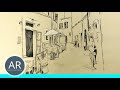 Teil 2/2 Urban Sketching Beispiel. Unterwegs zeichnen. Akademie Ruhr Zeichenkurse, mappenkurse