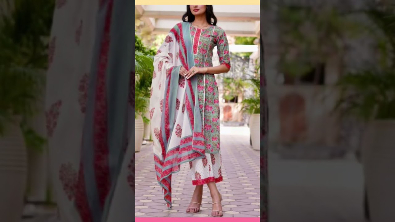 Printed Cotton Long Kurti With Plazo Designs with Dupatta 