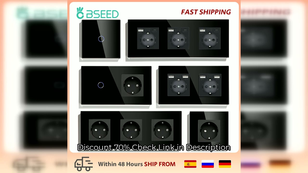BSEED Touch Light Switch With EU USB Wall Sockets Black Wall Led Switches 1/2/3Gang 1Way Crystal Dar