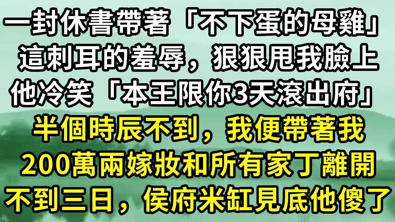 一封休書帶著「不下蛋的母雞」這刺耳的羞辱，狠狠甩我臉上。他冷笑道「本王限你3天滾」半個時辰不到，我便帶著我200萬兩嫁妝和所有家丁離開。不到三日，侯府米缸見底他傻了