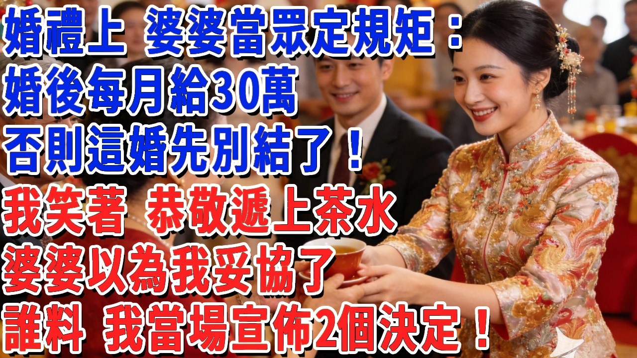 婚禮上 婆婆當眾定規矩：婚後每月給30萬，否則這婚先別結了！我笑著 恭敬遞上茶水，婆婆以為我妥協了，誰料 我當場宣佈2個決定！#小娟講故事 #情感故事 #老年生活