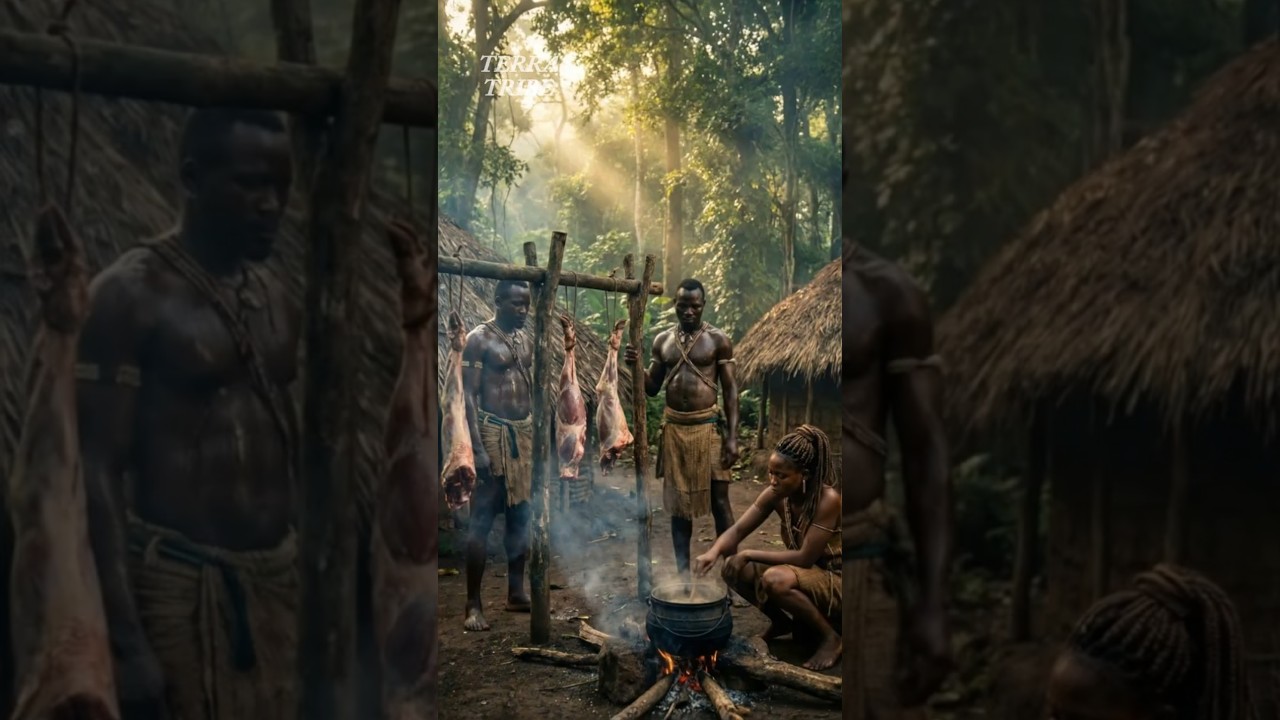Hadzabe Men Hang Raw Meat, Woman Boils It!🔥🍖 