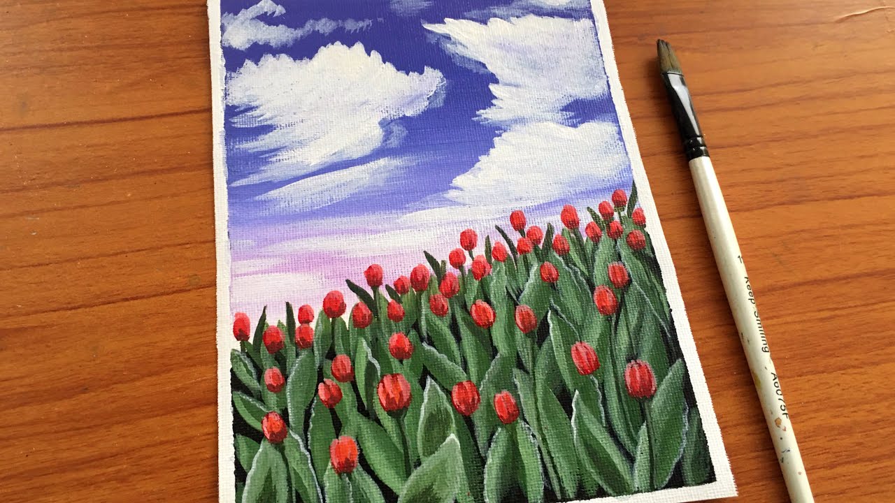 Tulip field Painting for beginners | How to paint Tulips | Acrylic ...