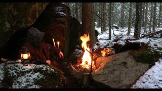 Winter Bushcraft Trip - Cave natural shelter, overnight snowstorm, freezing temperatures, old forest