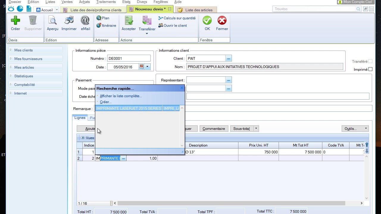7 2 Ciel Gestion Commerciale Devis Et Transfert En Facture Youtube