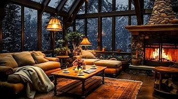 Cozy Cabin Ambience With Soft Jazz Music - Crackling Fireplace and Howling Wind for Relax, Sleep