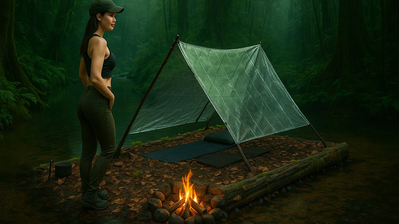 24 alone in Plastic Wrap Shelter for Survival - Plastic roof, Bushcraft ...