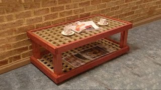 How to build a wooden coffee table from some pine and lattice with a glass top in this DIY project. The coffee table is based ...