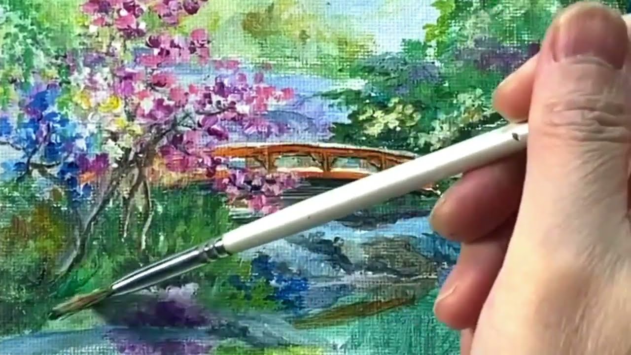 Japanese Garden  In Spring /Easy Acrylic Painting Tutorial For Beginners Step By Step 