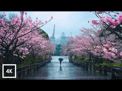 Rainy Sakura Forest Walk near a Shipyard in Fukuoka, Japan / 4K / Soft Piano & Gentle Rain