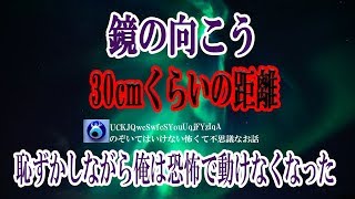 【鏡の向こう】友人が「鏡の向こうにいる奴とよく目が合う だんだん近づいてきてる」って言うから家に泊まりに行くことにした 夜中に目が覚めてカーテンを開けたら妙な影が…例の奴だと直感した