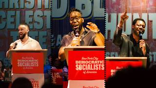 CONRAD BLACKBURN, EON HUNTLEY and CHRISTIAN CELESTE TATE at the HASAN PIKER x NYC-DSA SLATE RALLY