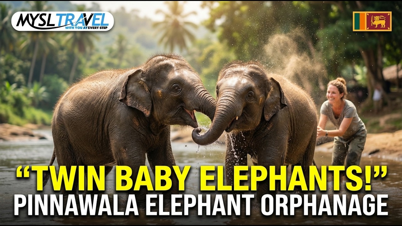 Twin baby elephants at Pinnawala Elephant Orphanage Sri Lanka
