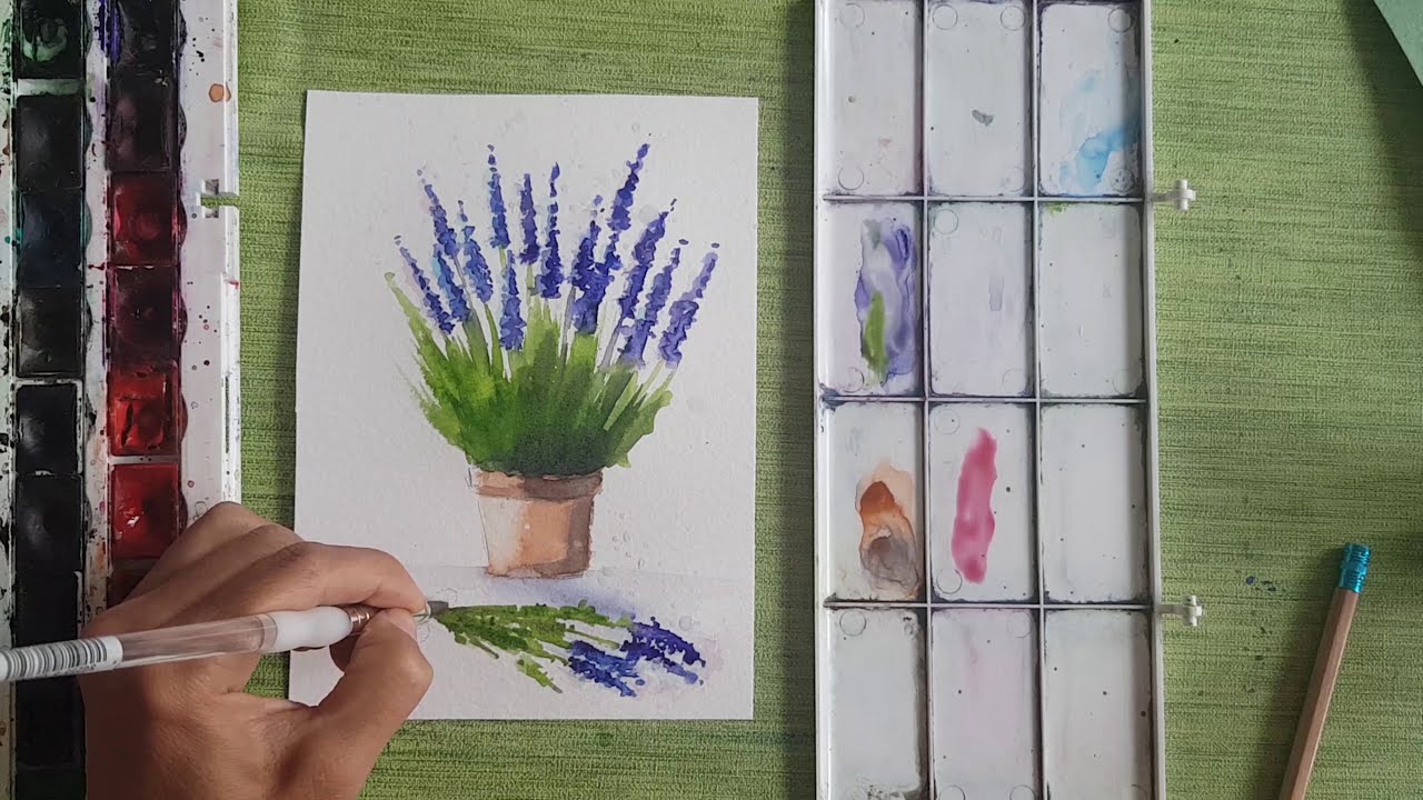 Как да нарисуваме Саксия с лавандули с  акварел