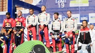 Rally Finland 2019 podium ceremony (all WRC drivers, Kalle Rovanperä and Tommi Mäkinen)