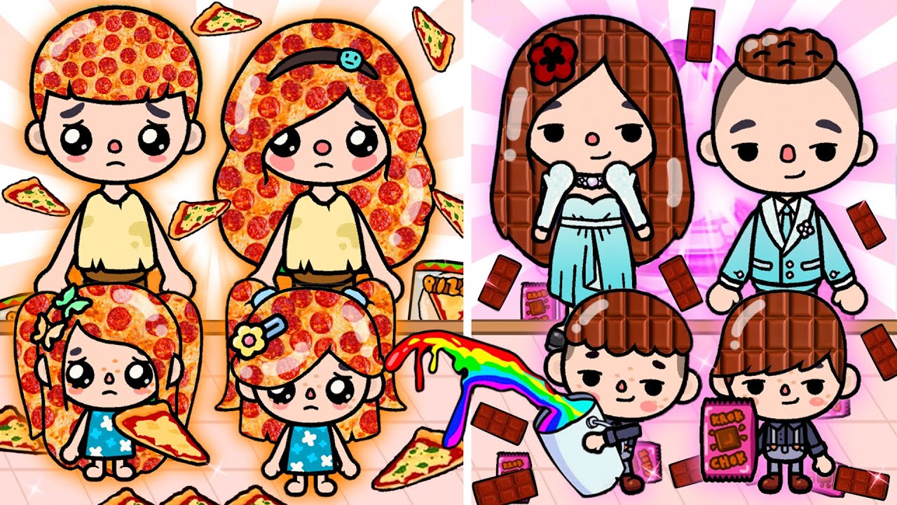 Pizza Hair and Chocolate Hair Family  | Toca Life Story | Toca Boca