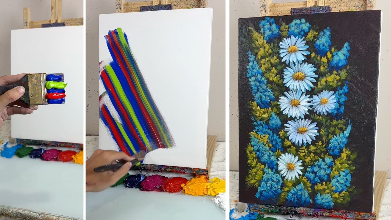 How to Paint White Daisies and Blue Flowers | Easy Acrylic Painting ...