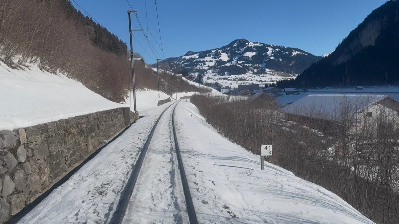 Front View Ride on a Swiss Mountain Train From Chamby to Gstaad