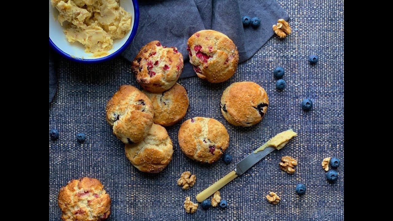 Raspberry and Blueberry Scones with Walnut and Honey Butter