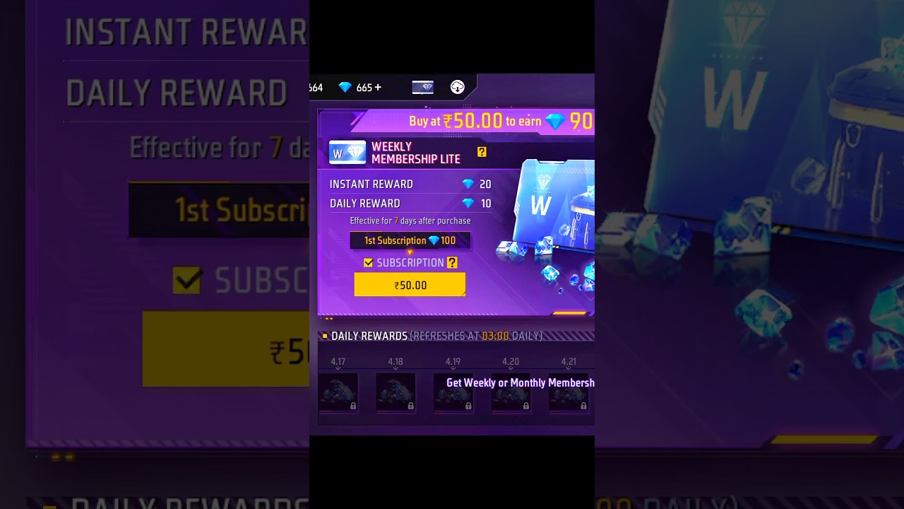 Weekly elite member ship ✅ 1st subscription 100 Diamonds free 😱just 50 Rupees #freefire #ff #foryou