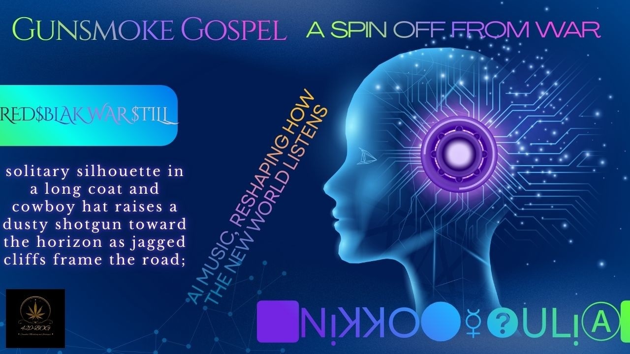 Gunsmoke Gospel. while distorted halftone text and fast cuts weave kinetic motion around the figure.