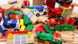 Wooden Train Tracks with Movable Bridge  Fire Truck, Police Car, Excavator Toys
